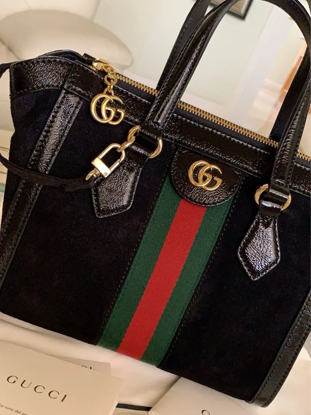 Gucci Black Suede Satchel with Green and Red Web Stripe